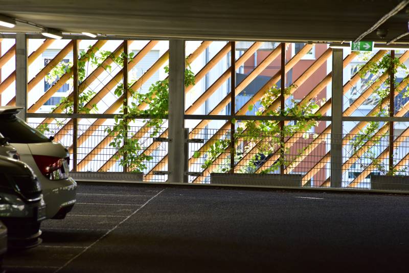Innenansicht einer trog-gebundenen Fassadenbegrünung an einem Parkhaus in Dortmund