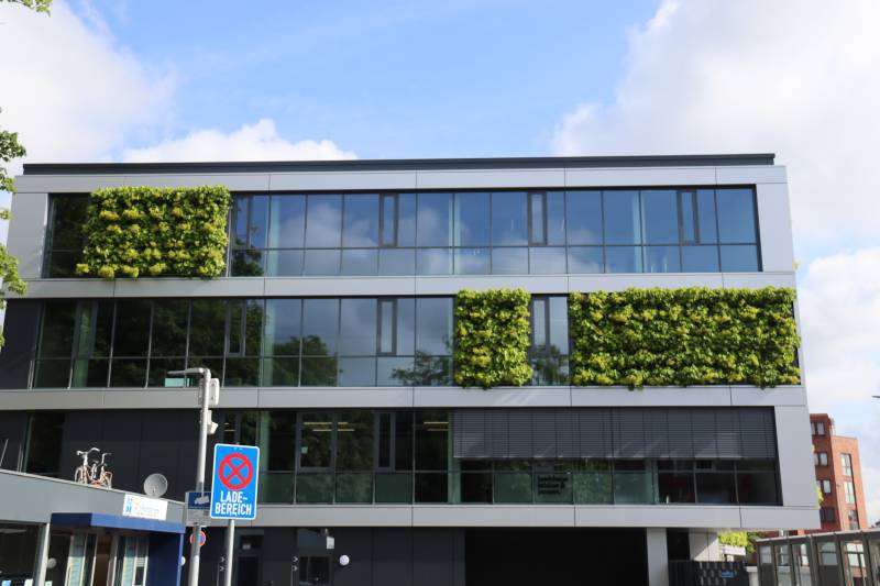 eine modulare fassadenbgerünung wurde vom experten boymann an einem gebäude installiert.es handelt such um ein innovative s fasasdenbegrünungssystem mit einfacher montage im plug-and-play verfahren. das gesamtgewicht liegt bei 